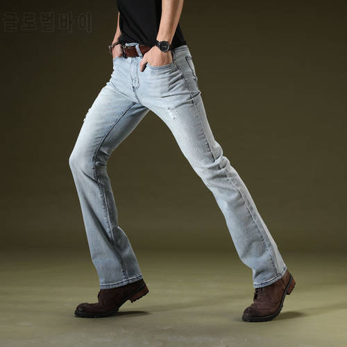 Mens Slim Fit Ripped Flared Jeans Business Casual Cotton Boot Cut Denim Jeans Pants Blue Bell Bottom Micro Flare Jeans Trousers