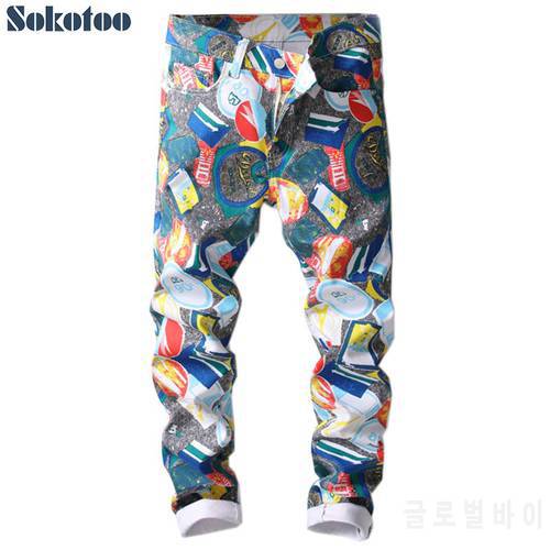 Sokotoo Men&39s colored pattern 3D printed jeans Fashion slim skinny geometric painted denim pants