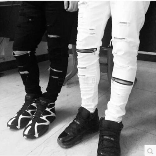 2016 new men jeans with knee zipper men&39s ripped biker jeans Distressed skinny jeans for men Kanye west Jogger pants white black