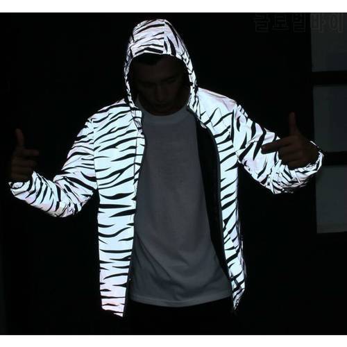 Men&39s 2022 Reflective Light Jacket Hoodies Mesh Style Noctilucent Zebra Jackets Hip Hop Streetwear Skateboard Waterproof Coat