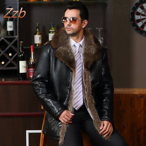 Male Leather fur outerwear European Style Clothing sheepskin Winter Men&39s fur collar fleece lined Faux Leather jacket Warm Coat