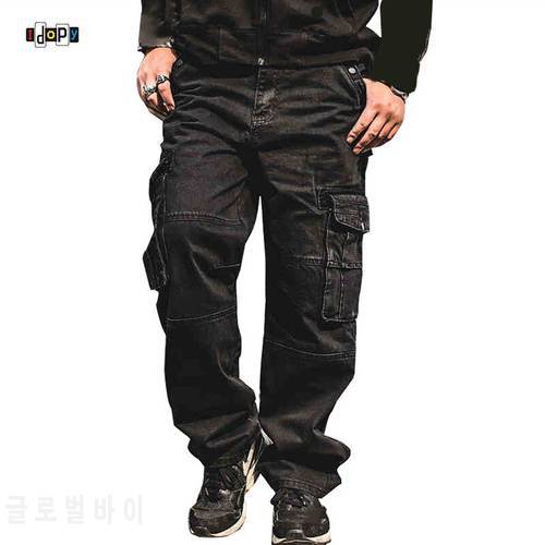 Idopy Men Casual Cargo Jeans Multi Pockets Punk Hip Hop Loose Fit Denim Pants Trousers For Male Baggy Plus Size 30-46