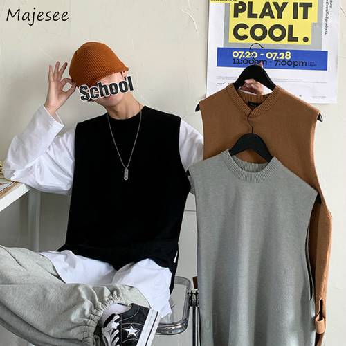 Sweater Vest Men Side-slit Solid O-neck Autumn-winter Leisure Loose Sleeveless Sweaters Ins Simple All-match Mens Tops Korean BF