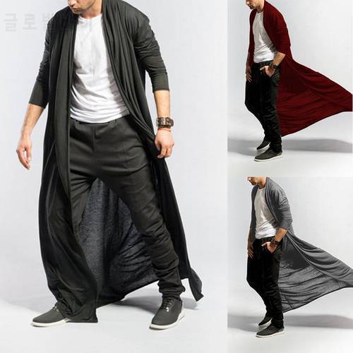 Fashion Men Solid Color Long Sleeve Cardigan Open Front Trench Coat