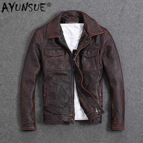 AYUNSUE Vintage Genuine Cow Leather Jacket Men Plus Size Cowhide Leather Coat Slim Short Jacket Veste Cuir Homme L-Z-14 YY1366