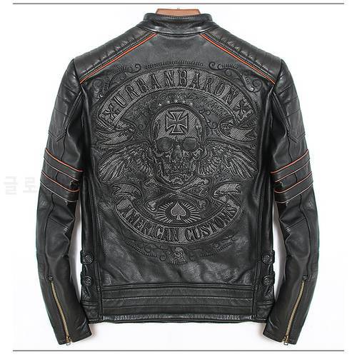 Free shipping.DHL sales Brand plus size black men skull leather Jackets men&39s genuine Leather biker jacket.motorbiker coat