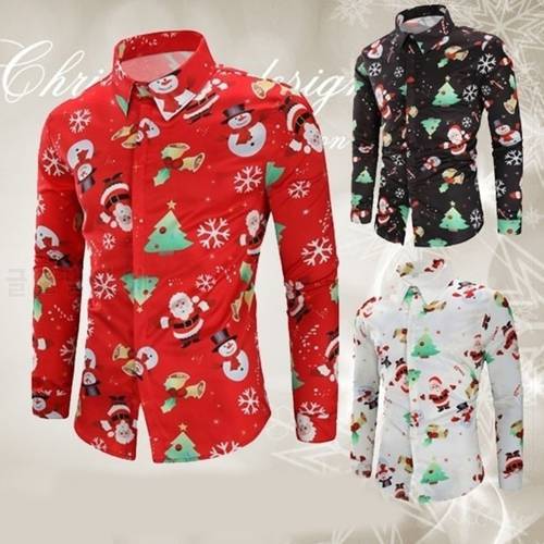 Fashion Shirts For Male Men Casual Snowflakes Santa Printed Christmas Shirt Top Long Sleeve Blouse Men&39s Clothing Chemise Homme