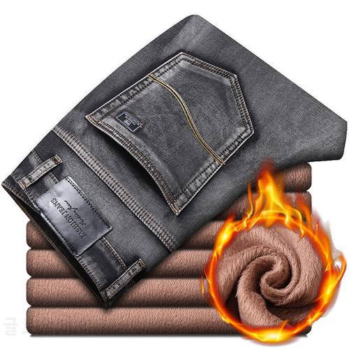 Winter Warm Men&39s Fleece Jeans 2020 Classic Style Gray Cotton Regular Fit Stretch Denim Thick Pants Male Brand Trousers