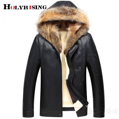 Holyrising real Raccoon fur Hood Men Faux Leather Jackets Thick winter PU jacket chaqueta moto hombre leather jacket men 19065
