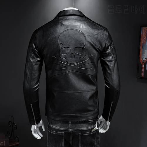 2022 new men&39s motorcycle leather jacket, boomer men slim lapels leather jacket skull punk style high quality