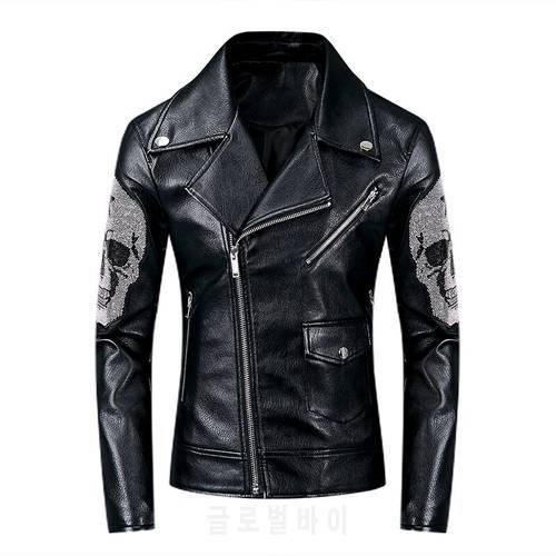 2020 New Men Black Motorcycle Leather Jacket Fashion Diamond Skull High Quality PU Leather Jackets Riding Biker Jacket