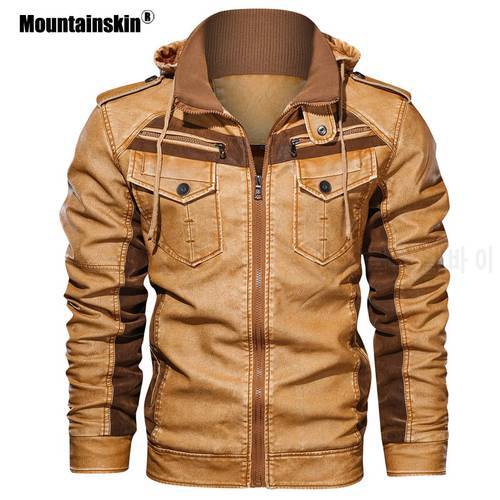 Mountainskin Mens Leather Jackets Winter Fleece Thick Mens Hooded Motorcycle PU Coats Male Fashion Outwear Brand Clothing SA794