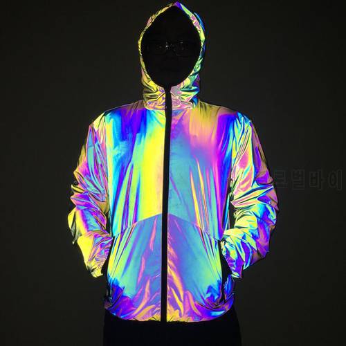 Autumn Winter Men Night Colorful Reflective with Hooded Jacket Casual Windbreaker Man Hip Hop Jackets and Cloaks Dripping