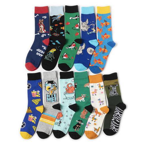 Hrajuku Style Combed Cotton Mens Socks Colorful Cartoon Funny Kawaii Dog Cat Elephant Fish Socks Fashion 2020 Spring Sokken
