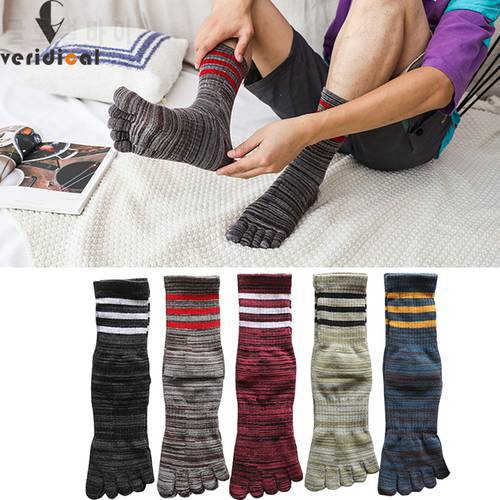 Veridical 5 Pairs/Lot Large Size Five Finger Socks Man Cotton Colorful Striped Business Compression Dress Long Socks With Toes