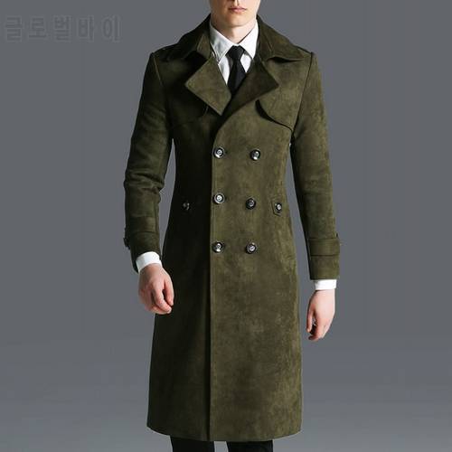 England Business Men Maxi Long Faux Suede Leather Trench Mantel Army Military Overcoat Slim Fit Windbreaker Coat Big Size 6XL