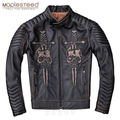 Vintage Motorcycle Jacket Skull 100% Cowhide Slim Fit Men Leather Jacket Distressed Moto Biker Coat Winter M203