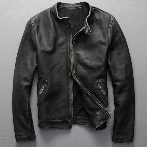 Vintage genuine leather jacket men black cowskin short simple motorcycle jacket men&39s thin leather coat chaqueta cuero hombre