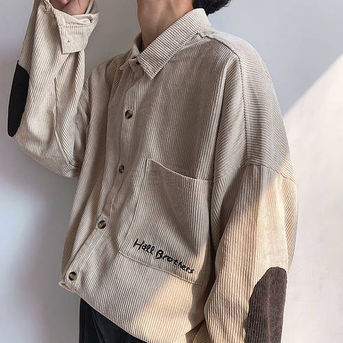 2020 Men&39s Fashion Thicken Corduroy Material Coats Embroidery Patchwork Shirt French Cuff Mens Shirts Camisa Masculina M-2XL
