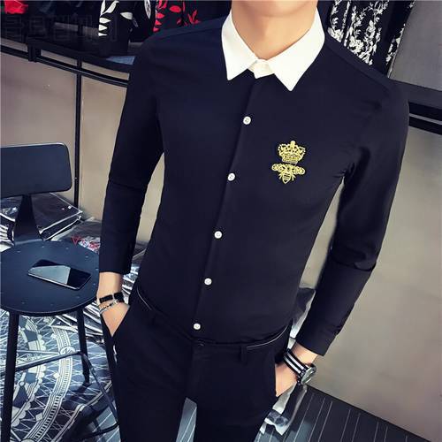 2020 Men Shirt Stitching Crown Print Long Sleeve Casual Slim Fit Dress Shirt Fashion Streetwear Tuxedo Clothing Chemise Homme