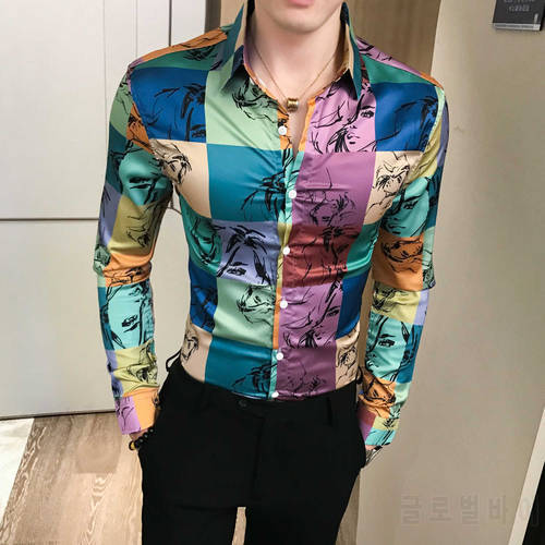Lattice Printed Shirt Men Night Club Outfits Social Flower Shirts Mens Long Sleeve Slim Fit Men Designer Dress Shirt 2019 Autumn