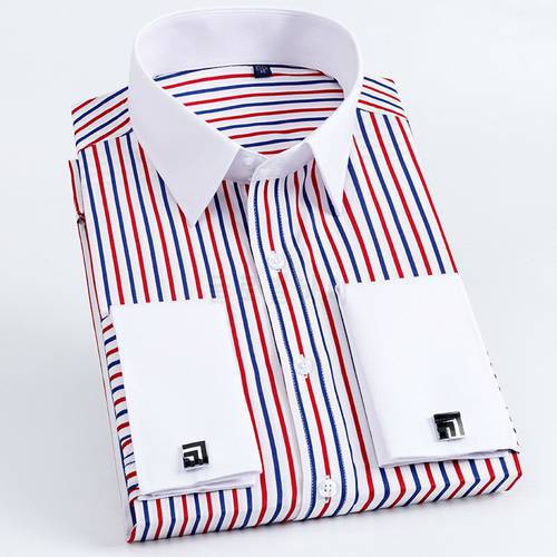 Quality Men Casual Slim Fit Shirt Mens Long Sleeve Business Dress Shirts French Cufflinks Shirt Male Striped Shirt