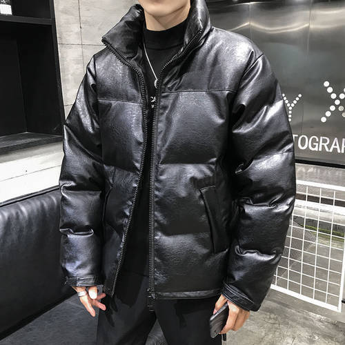 Winter Fashion Thicken Korean Style Loose and Plus-sized Men&39s Jacket Black Stand Collar Leather Quilted Cloth Cotton