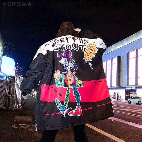 VERSMA Korean Harajuku Graffiti Print Mens Long Winter Jackets Large Size Hip Hop Punk Parka Men Winter Jacket Coat Dropshipping