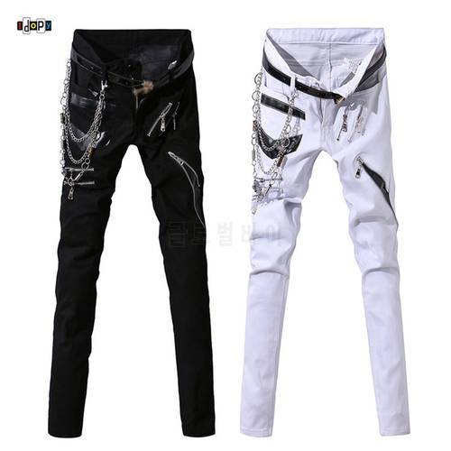 Idopy Men Hip Hop Jeans With Chain Patchwork Punk Gothic Party Stage Multi Zippers Leather Performance Pants For Man
