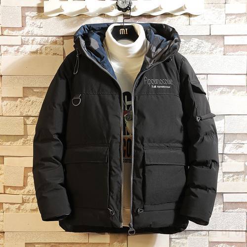 New Winter Warm Cotton Padded Jacket Male Ins Trend English Embroidered Coat Men&39s Hooded Thermal Padded Cotton Clothing Black