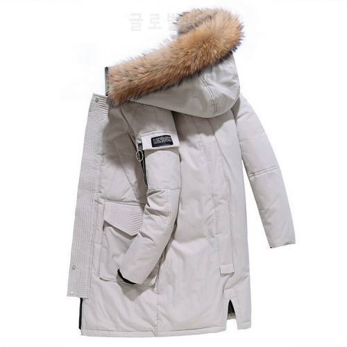 -30 Degree Winter Down Coat Men White Duck Down Jacket Couple Fashion Hooded Fur Collar Long Jacket Thick Keep Warm Down Parkas