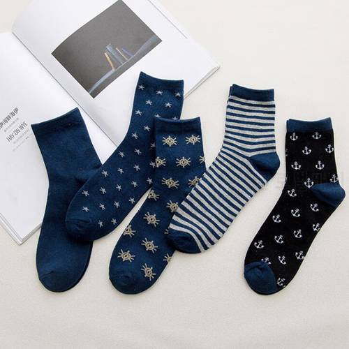 5Pairs/lot Cotton Men&39 Socks Blue High Cew Socks Star Anchor Boat Sock Soft Funny Socks Casual Socks Male Hosiery