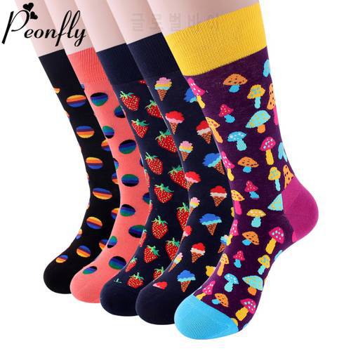 PEONFLY Colorful Cotton Men&39s Socks Funny Mushroom Strawberry Geometric Calcetines Happy Casual Skate Harajuku Socks