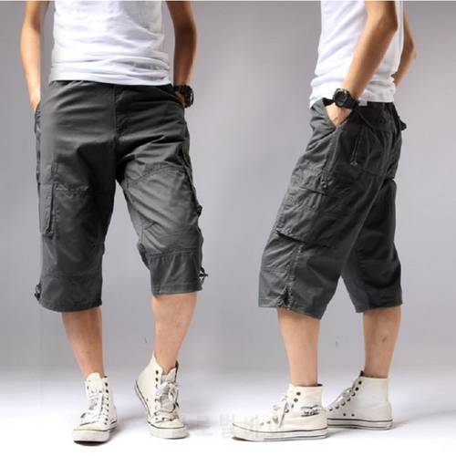 2020 Summer Long Length Cargo Shorts Men Knee Pocket Casual Cotton Elastic Waist Bermudas Men Military Style Capri Breeche Army