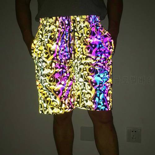 Summer 2021 men colorful mushroom reflective shorts night light hip hop short homme harajuku reflect casual short pants bermuda