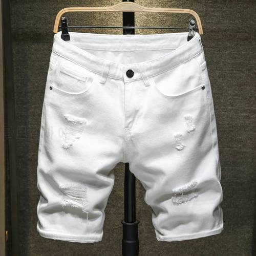 2020 New Summer White black Men Denim Shorts Slim Large size Casual Knee Length Short Hole Jeans Shorts For Men Bermuda