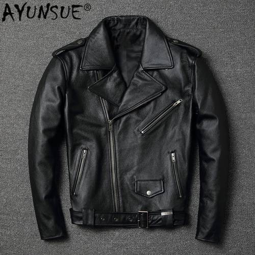 AYUNSUE 100% Real Cow Leather for Men Slim No Short Jacket Style of Vintage 2020 Spring New Coats Moto & Biker Full 2019-81907