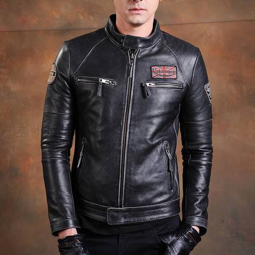 Free shipping,Biker Popular motor style Vintage men&39s quality genuine leather Jacket slim 100% natural cowhide coat.Dermis