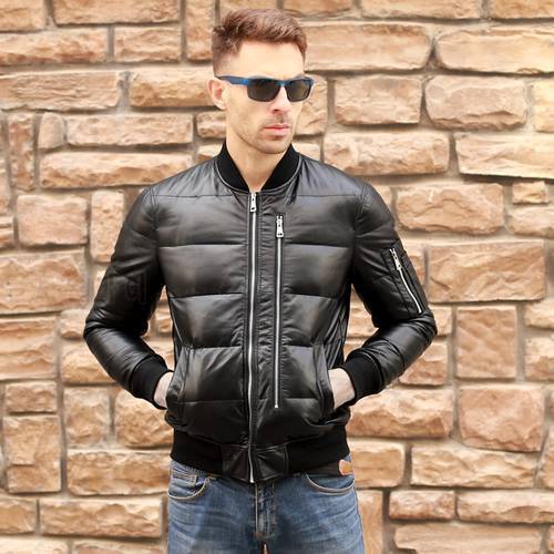 Free shipping.Mens winter warm genuine leather jacket.90% white duck down coat.MA1 soft sheepskin jacket.brand new.quality