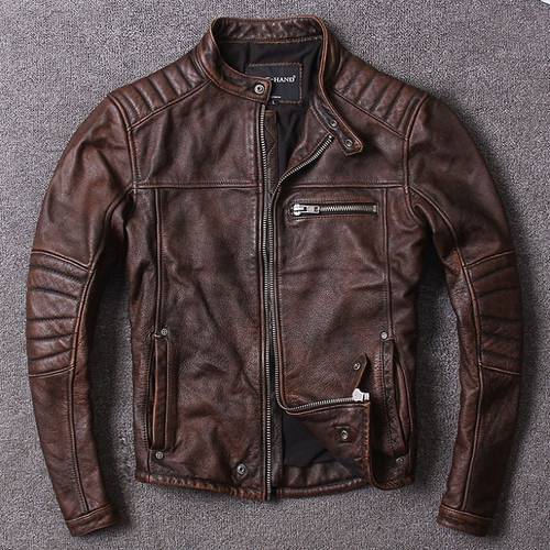 Free shipping.Vintage style mens cowhide clothes,quality biker leather Jacket,fashion black genuine Leather coat.homme slim,