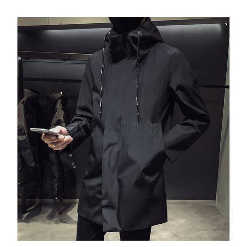 New Men&39s Black Trench Coat Hooded Windbreaker Coats M-4XL Casual Male Clothing Windproof Outwear