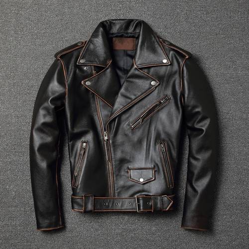 YRFree shipping.sales.classic motor biker genuine leather jacket.slim cowhide coat.fashion vintage leather clothing.plus size