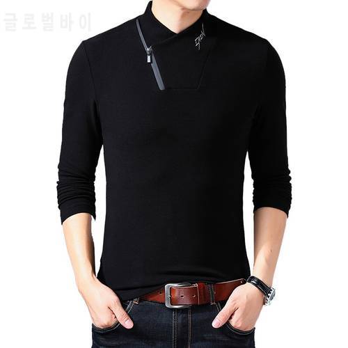 BROWON Brand 2022 New Style Cotton Men&39s T-shirt Long Sleeve T Shirt Men Solid Color Zipper Print Collar Oversized T Shirt