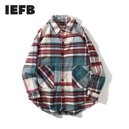 IEFB /Vintage men&39s cltohing 2023 Autumn tide new Red Blue Lattice Woolen Shirt for Male Oversize loose tops men and women 9Y461