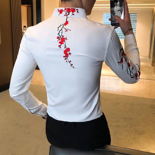 Embroidery Floral Men&39s Shirt Long Sleeve Business Formal Dress Casual Shirts Streetwear Social Party Bar Male Clothing Camisa