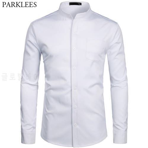 Men&39s Hipster Mandarin Collar Dress Shirts 2019 Brand New Slim Fit Long Sleeve Chemise Casual Work Busienss Shirt Male White 2XL