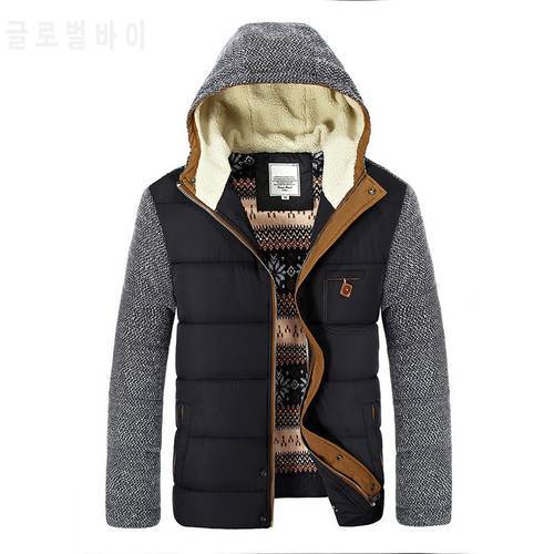 Winter Men&39s Thick Jackets Knitted Long Sleeve Hooded Parkas Patchwork Full Zipper Fashionable Causal Fleece Padded Coat EU Size