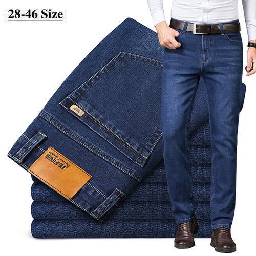 Plus Size 42 44 46 Brand Men&39s Business Straight Jeans Cotton Stretch Casual Trousers Fashion Blue Black Slim-fit Denim Pants