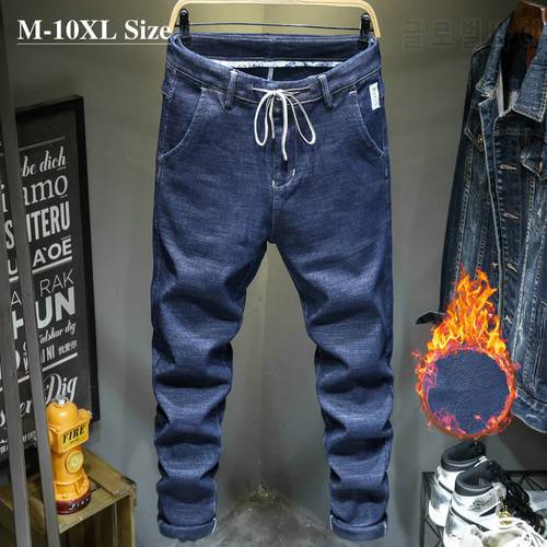 Plus Size 7XL 8XL 9XL 10XL Winter Men&39s Jeans Thick Fleece Warm Harem Pants Male Fashion Casual Streetwear Large Pocket Trousers