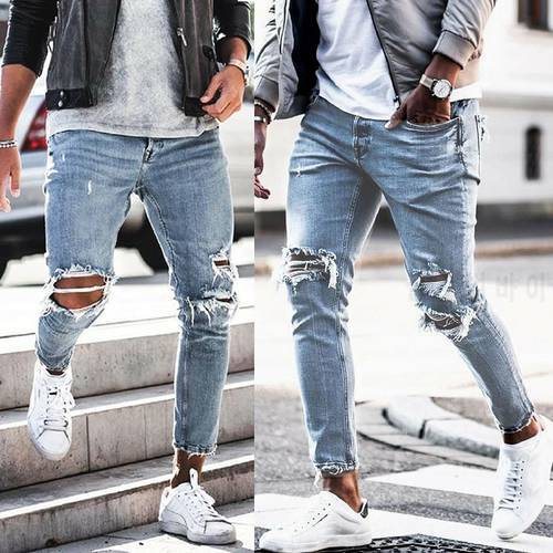 2019 New Men Streetwear Knee Ripped Skinny Jeans Hip Hop Fashion Destroyed Hole Designer Solid Color Male Stretch Denim Trousers